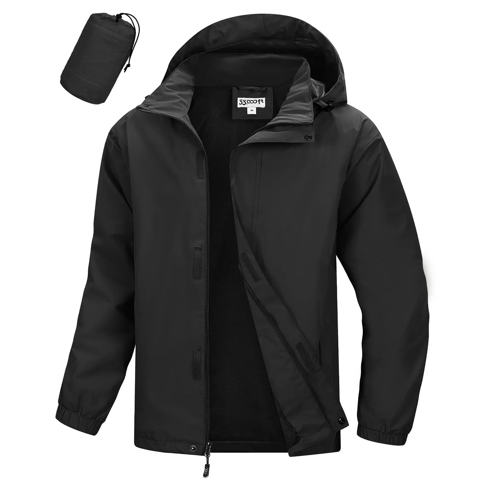 33000ft Male Long Sleeve Universal Packable Rain Jacket - Waterproof, Lightweight Rain Shell with Hood for Outdoor Hiking, Fishing, Wind-Resistant, Golf