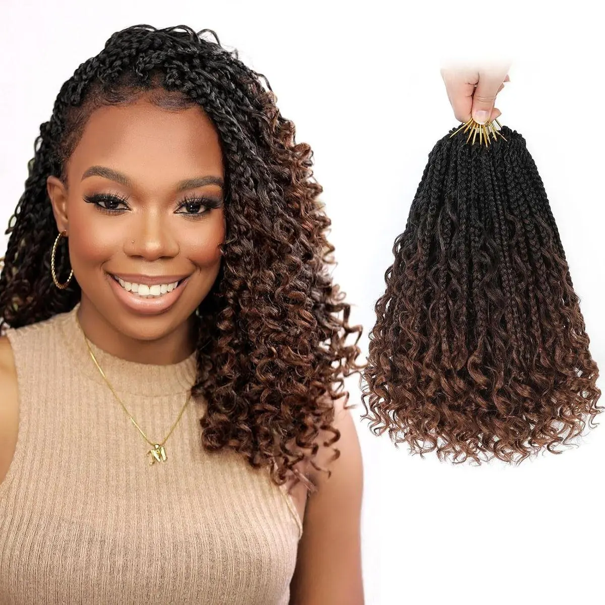 Goddess Box Braids Crochet Hair 12 Inch,9 Packs Boho Box Braid Crochet Hair for Women,Pre-looped Bohemian 3X Crochet Braiding Hair with Curly Ends(12Inch, 1B/4/30#)