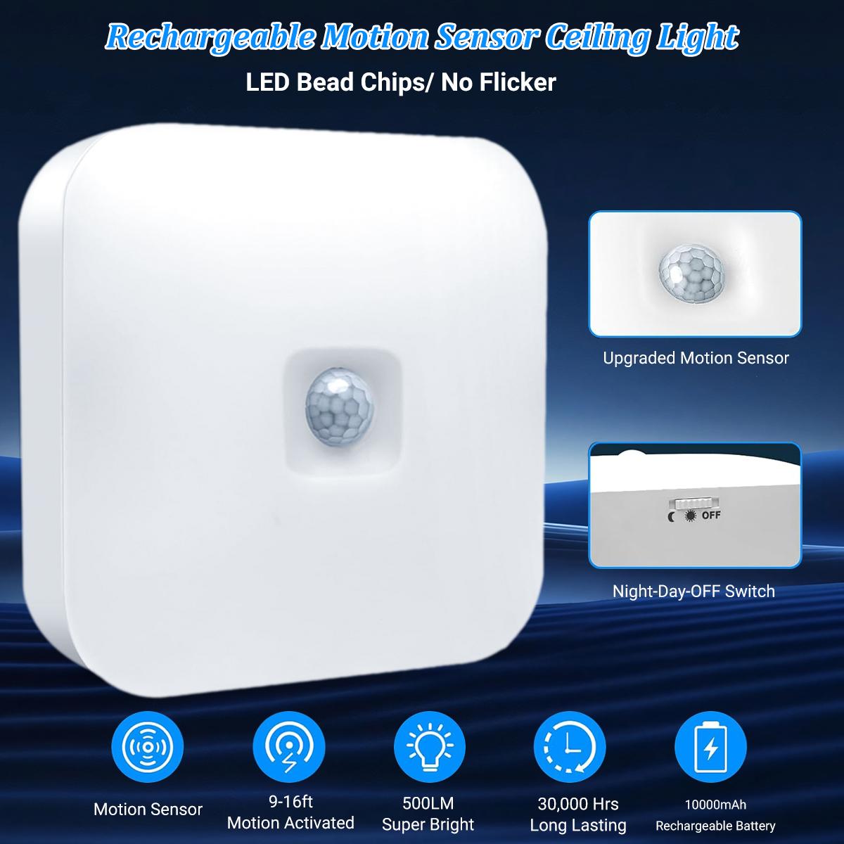 Rechargeable Motion Sensor Closet Light, Rechargeable Battery Operated Ceiling Light Wireless, 500LM Wireless Motion Activated Light for Shower Stairs Hallway Pantry Porch Garage