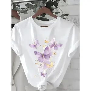 Plus Size Women's Sparkling Purple Butterfly Print Casual Short Sleeve T-Shirt - 100%, Lightweight Summer Fit, Round Neck, Machine Washable, Sizes 0XL-4XL