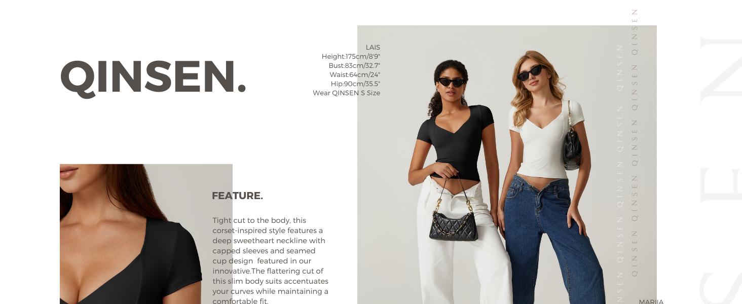 QINSEN Women's V Neck Short Sleeve T Shirts Double Lined Tee Seamed Cup Going Out Tops Comfort Fabric