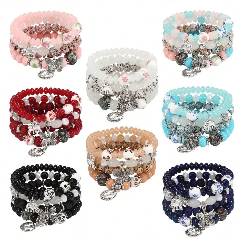 4-Piece Bohemian Bracelet Set for Women, Multi-Layer Stackable Bands with Butterfly Motif, Glass Stone Beads & Elastic Fit for Party Wear, Gifts, Bracelets For Women, Glass Stones, Layered Look, Boho Style Bangles, Multilayered Bangles, Wrist Stack