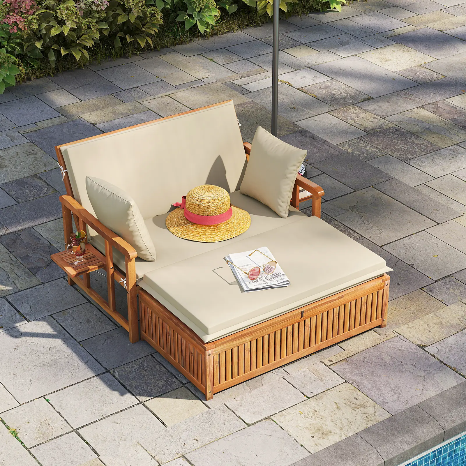 COSTWAY - Outdoor Wooden Daybed with 4-Level Backrest and Removable Cushions-White