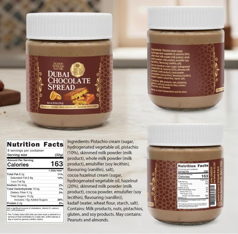 Dubai Chocolate Spread with Kataifi Pistachio Cream – 8.3oz Luxurious Middle Eastern Chocolate Delight – Rich, Creamy Texture, Premium Gourmet Gift