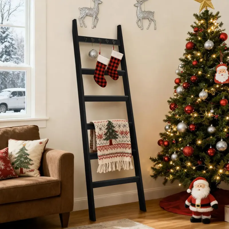 5.4 Ft Wooden Lightweight 6-Tier Blanket Ladder with Hooks, Rustic Farmhouse Felt Shelves Decor for Living Room, Wall-Leaning Quilt Rack Storage Holder, Black Indoor Recreation Accessory
