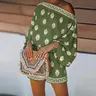 CHICME Women's 2 Pieces Outfit Boho Lantern Sleeve Linen Top and Shorts Set Beach Vacation Summer Outfits Bohemian Womenswear