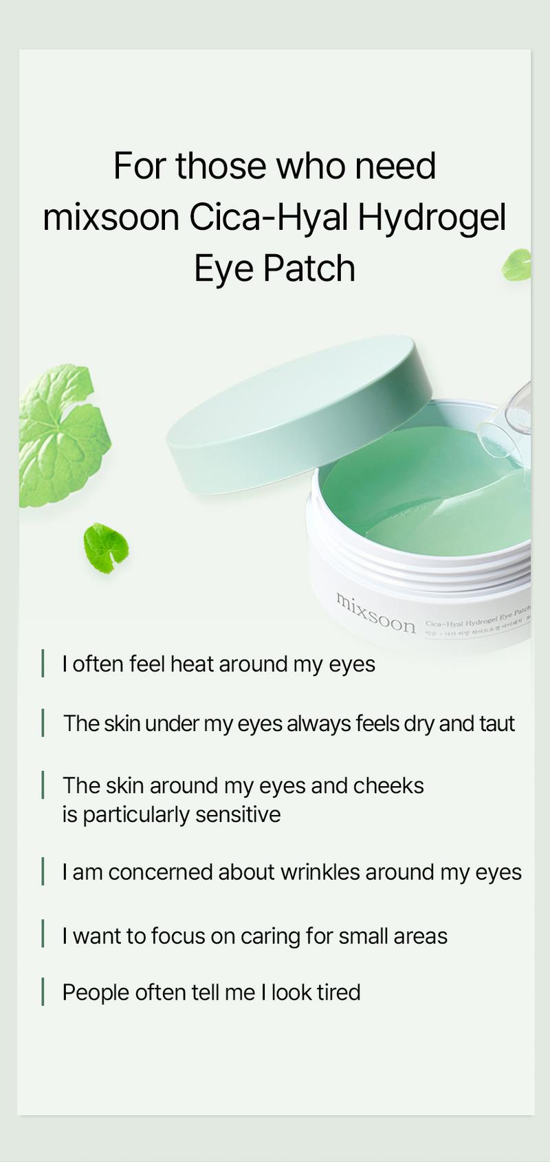 [mixsoon Official Shop] Cica-Hyal Hydrogel Eye Patch 30 pairs (60ea) - Skin Calming & Moisture Replenishment Eye Patch, Korean Skincare for Glass Skin