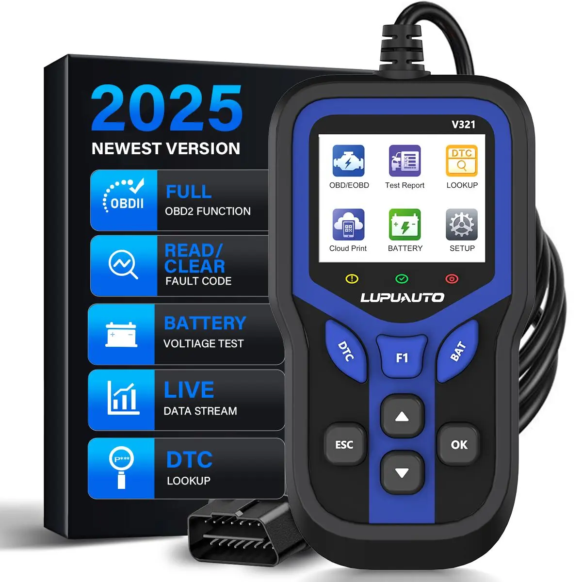 LUPUAUTO V321 OBD2 Scanner Digital Automotive Tester, Car Repair Code Reader with Check Engine Light Reset, I/M Readiness, Battery Voltage Test, Freeze Frame Function, DTC Lookup for 1996+ OBDII Vehicles, 2002+ Asian Models, 2008+ European Vehicles