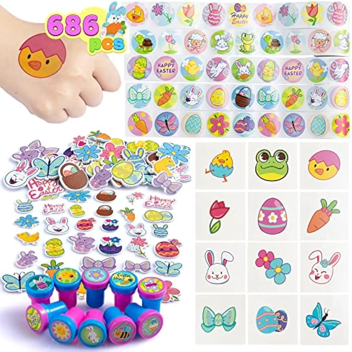 686 Pcs Easter Craft Kits with Assorted Stickers, Foam Stickers, Stampers and Temporary Tattoos for Kids Party Favors, Easter Crafts & Basket Stuffers and Classroom Homeschool Art Decor