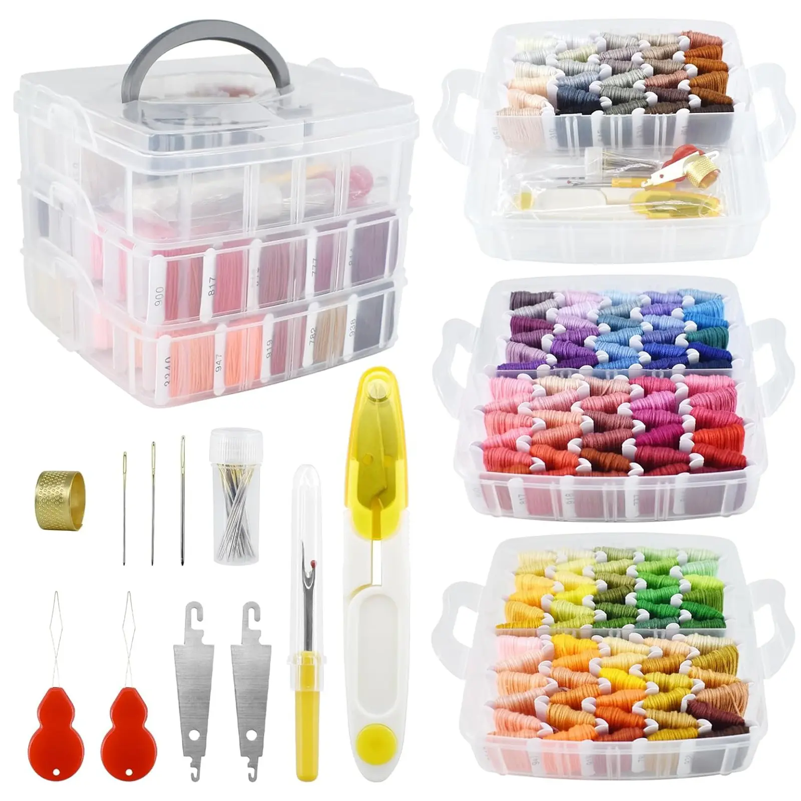 Sew Crafty 237-Piece Needle Crafts Kit - 200 Colored 8m Cross-Stitch Threads, Spool Box, 37 Cross-Stitch Tools, 3-Layer Transparent Storage Box
