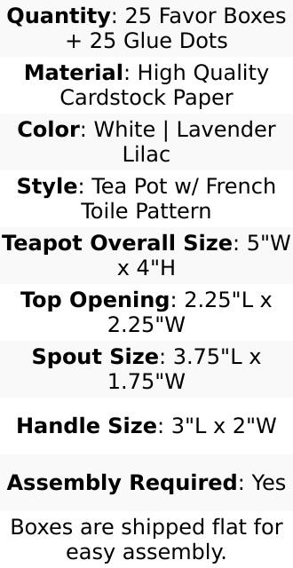 25 Pack 5"x4" Mini Teapot Favor Boxes – White Lavender French Toile Design Gift Boxes
