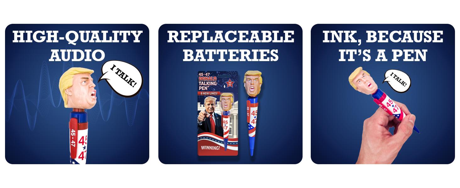 Donald Trump Talking Pen - Press His Hair & Hear 8 Real Voice Quotes - Funny Political Gag Gift for Men, Unique Trump Gifts, Novelty Desk Toy & Office Conversation Starter (Trump 45-47 Edition)