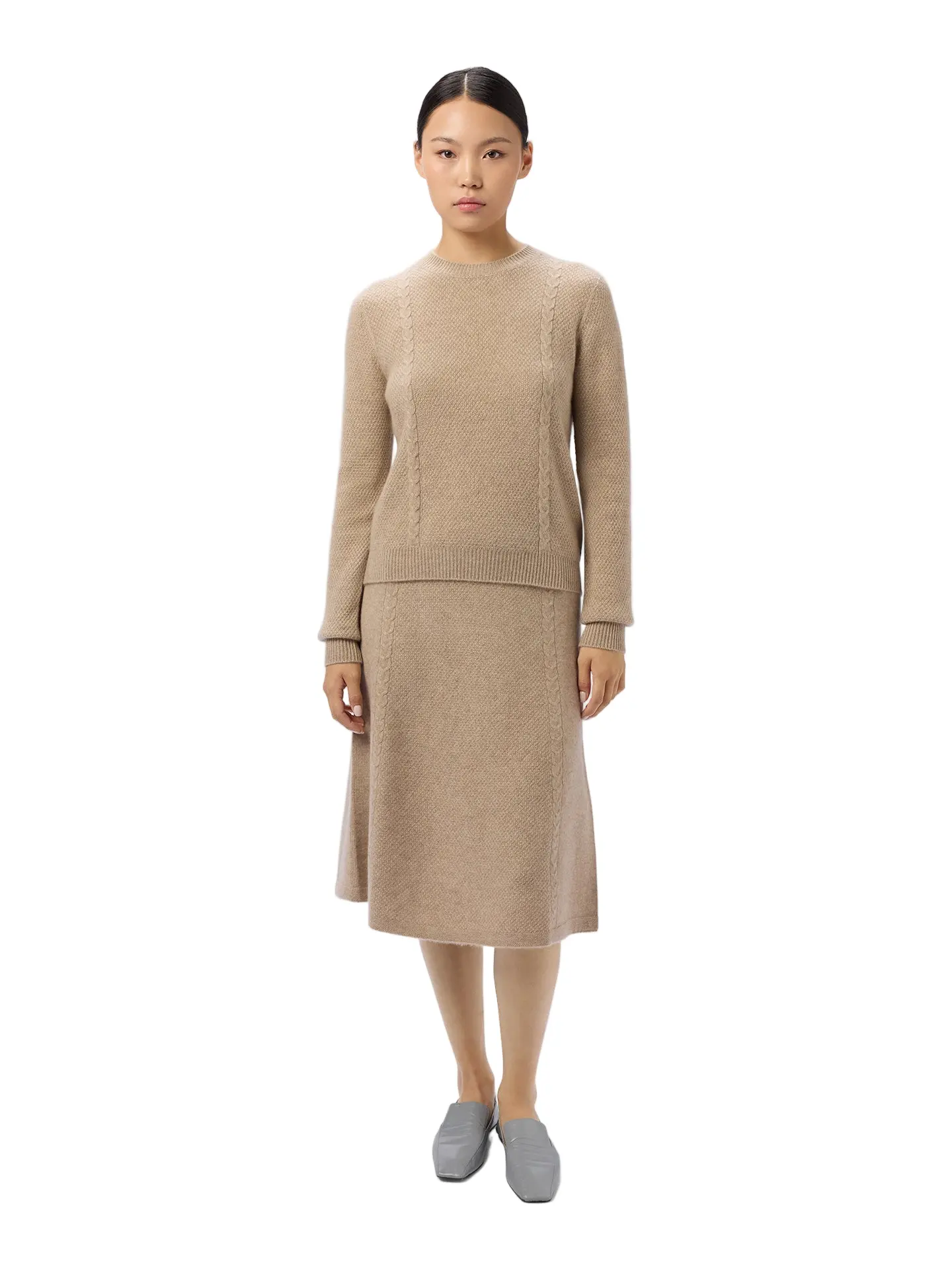 Women's Elegant Soft Basic Cashmere Knitted 2-Piece Set - Cropped Sweater, High-Waisted Skirt
