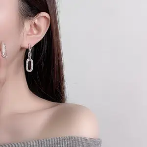 Oufer Rectangular Chain 14K Plated Brass Shiny CZ Earring Set 925 Silver Post