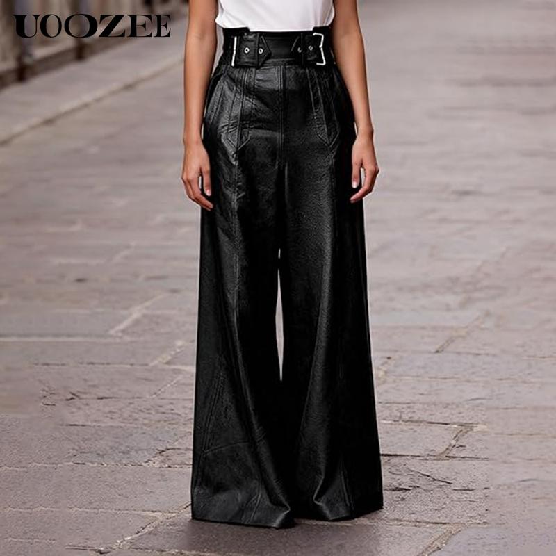 UOOZEE NEW  Women's Faux Leather Pants PU High Waist Wide Leg Pants with Pockets Pleated Going Out Flare Trousers
