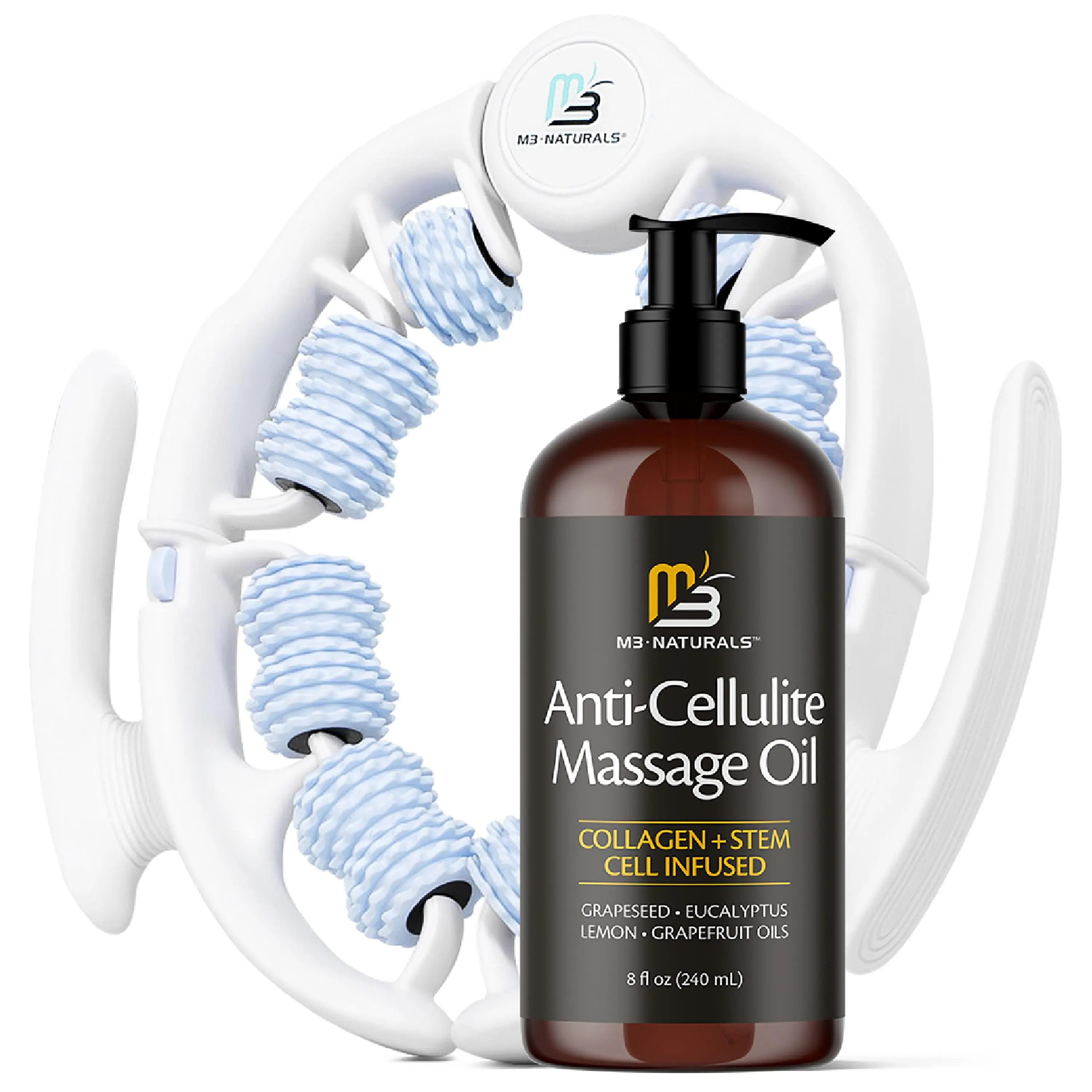 Anti Cellulite Oil and Lymphatic Drainage Massager Kit | Fascia Blaster for Contoured & Smoother Skin | Muscle Roller for Sore Arms, Legs, and Stomach, 8 fl oz by M3 Naturals Skin Tightening Oil Body Oil Set Firming Oil Body Care #TikTokShopSummerSale