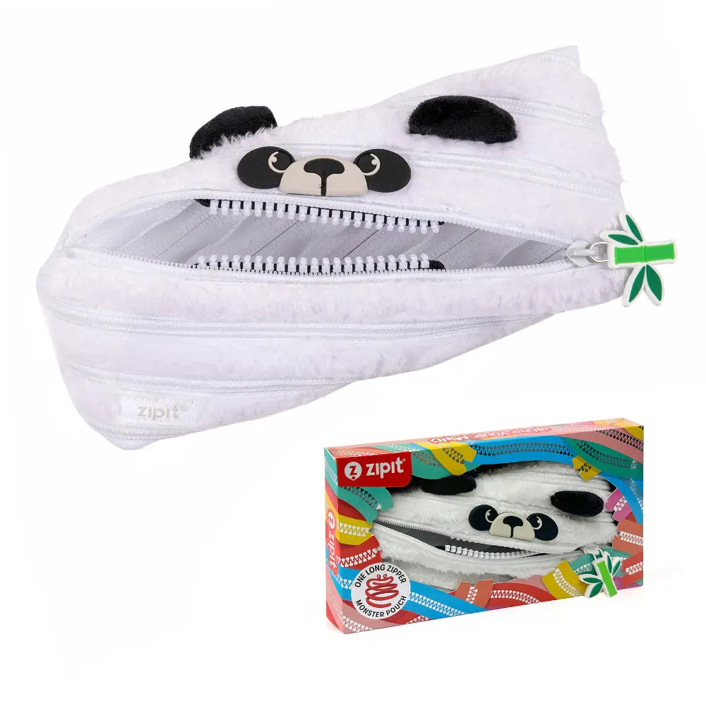 ZIPIT Panda Pouch with Gift Box, One Long Zipper Design, Soft & Furry, Cute Gift for Kids