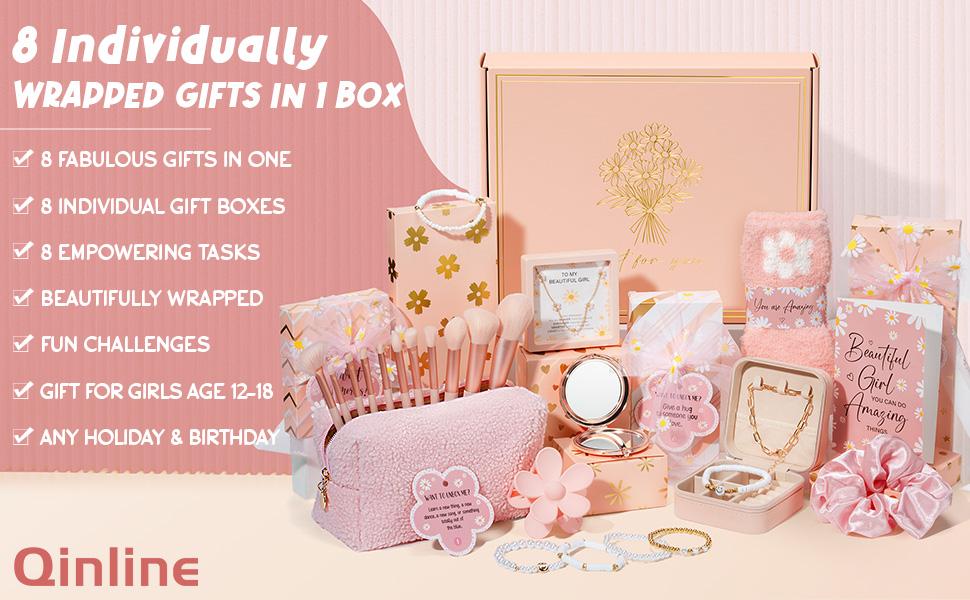 Teen Girl Gifts Trendy Stuff Valentine's Day Teenage Girls Gifts Basket Tween Birthday Gifts, Fun Girl Empower Gift with 8Boxes/10Boxes Task Tags Makeup Gift Set necklace bracelets for Her Niece Daughter Sister