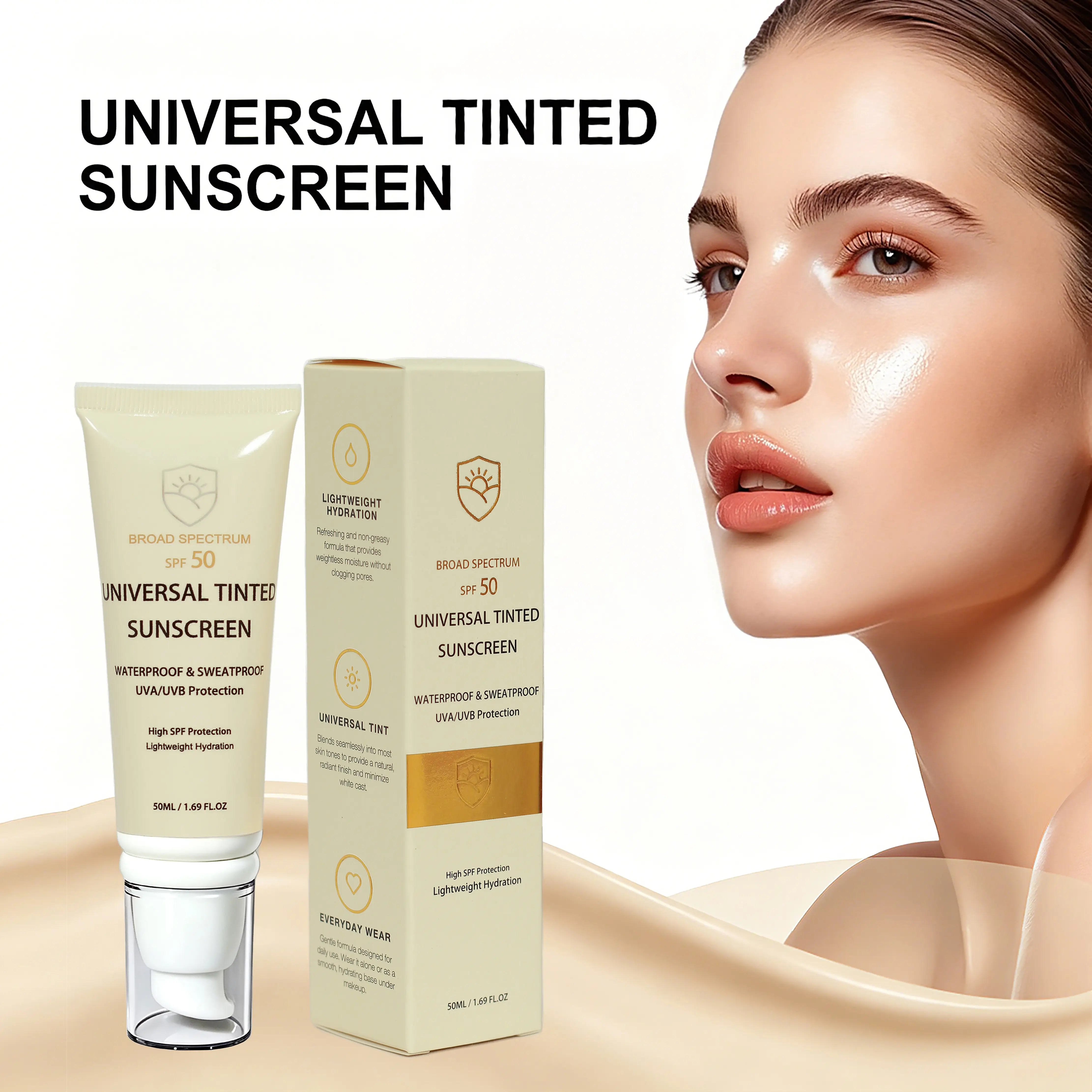 Tinted Facial Sunscreen SPF 50 - Broad-Spectrum, Waterproof, Sweatproof, Oil-Free, No White Cast, Lightweight Skin Tint, Multitasking Cream Base, Hydrating Daily Face Sunscreen (1.69 fl.oz/50ml)