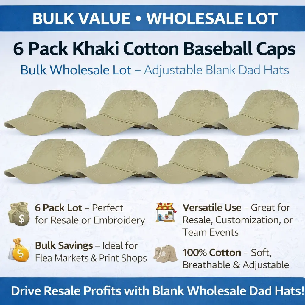 6 Pack Blank Baseball Caps Bulk Lot – Khaki Cotton Dad Hats Adjustable Wholesale for Embroidery, Printing & Resale
