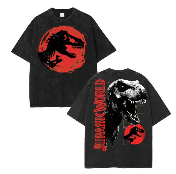 Men's Jurassic World T-Rex Dinosaur Red Moon Vintage Graphic Print Heavyweight Oversized Heavy Wash Distressed Short-Sleeve Cotton Streetwear T-Shirt - Minimalist Vibe, Grid Print, Premium Soft Fabric, Retro Casual Top