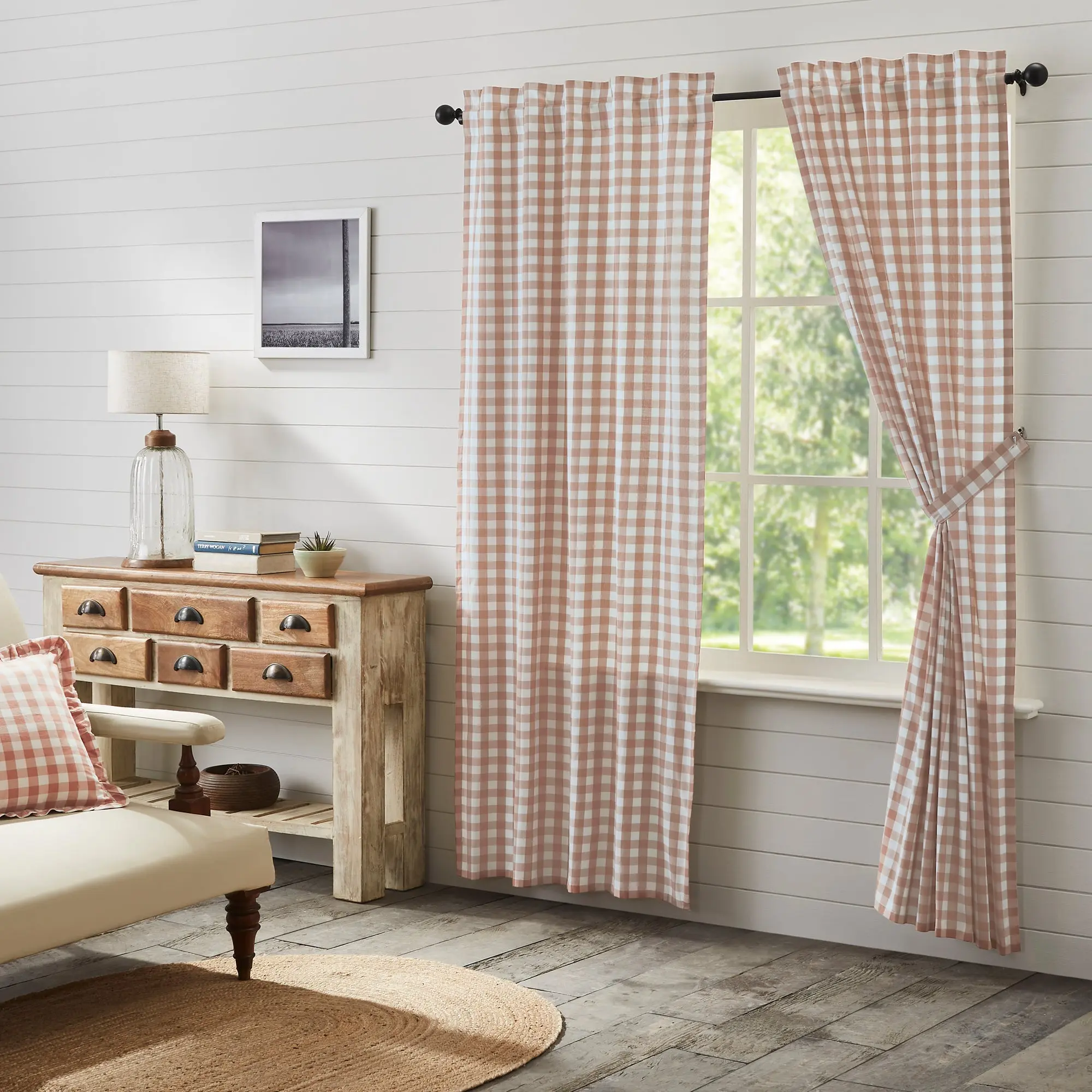 Portabella Buffalo Check Curtain Panels, L84x40" Light Filtering Home Decorative Curtain for Farmhouse Style Home, 100 Cotton