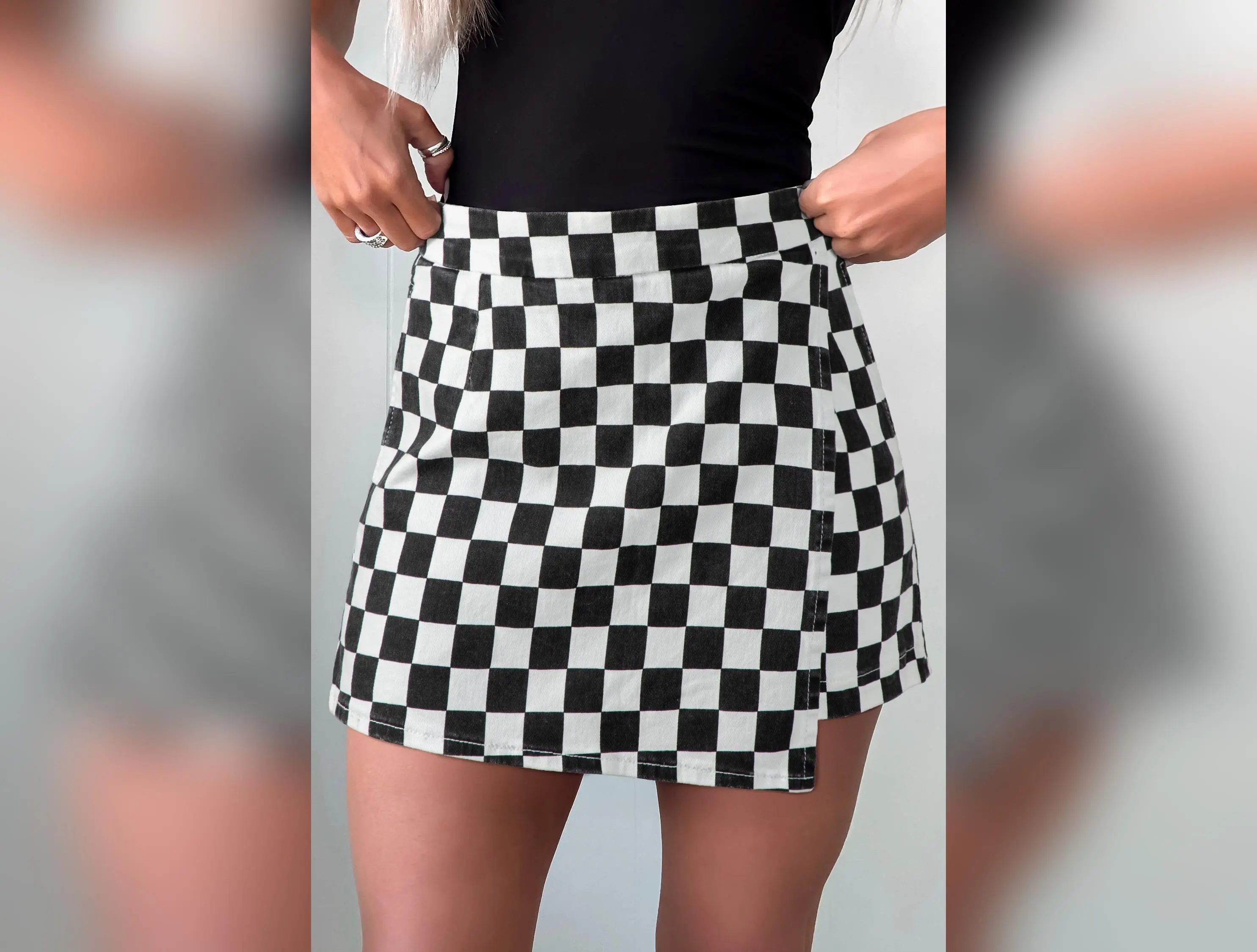 Black Checkered Print Overlap Denim Shorts