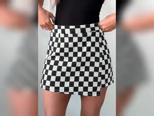 Black Checkered Print Overlap Denim Shorts