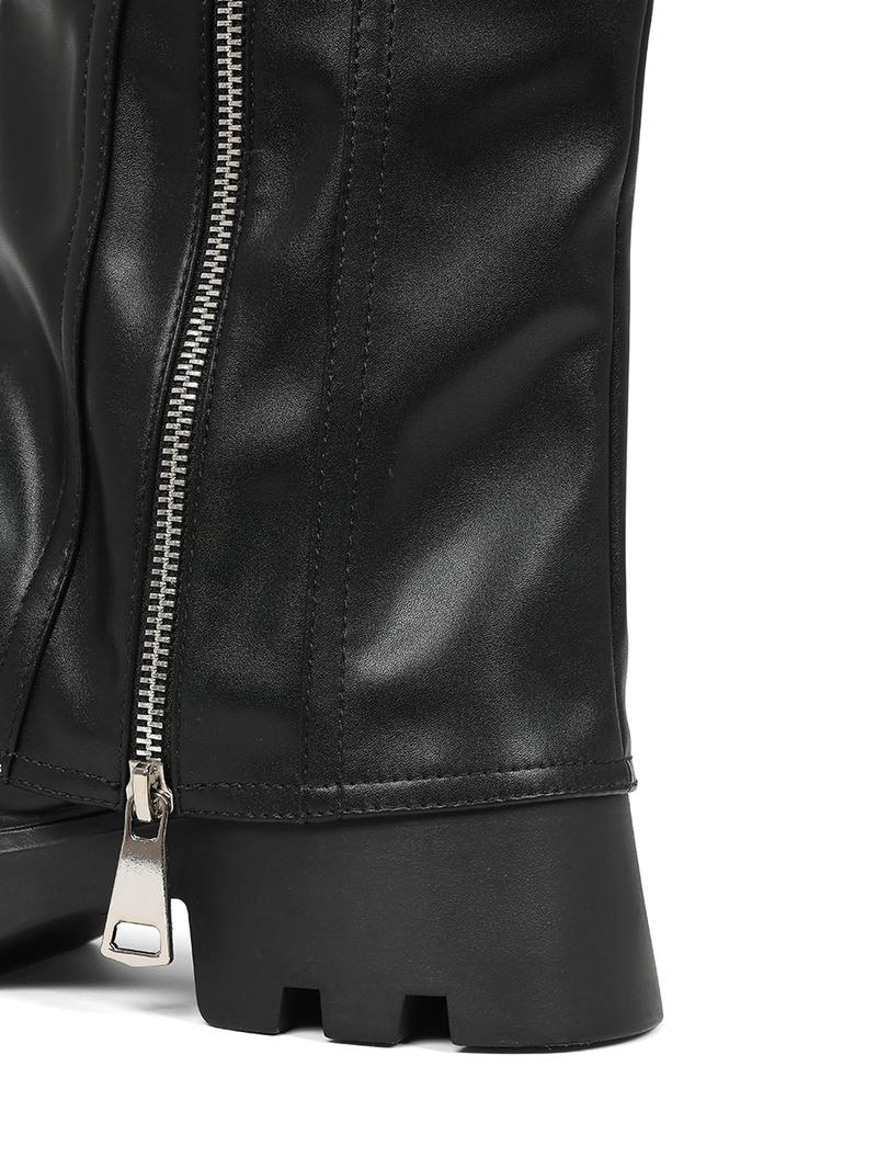 Women's Fold Over Boots Slouchy Boots Wide Calf Pleated Platform Boots Stacked Side Zipper Boots Mid Calf Boots Goth Y2k