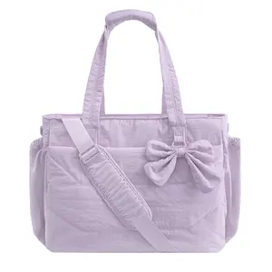 Crush Bow Tote Bag for Women 15.6" Laptop Friendly Lightweight Puffy Handbag with Removable Bow & Multiple Compartments for Travel Work Beach Gym 20L Capacity Purple & Rose Red