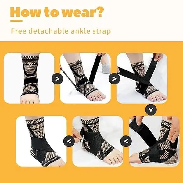 Unisex 2-Pack Copper Nylon Foot Ankle Brace Compression Sleeve - Adjustable Strap, Deodorizing, Customizable Fit - Support for Achilles Tendonitis, Plantar Fasciitis, Recovery - Athletic Wrap