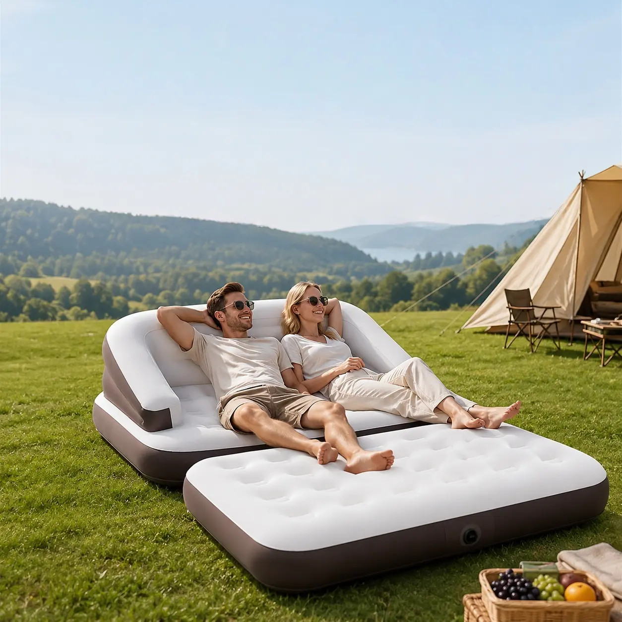 Inflatable Sofa Bed With Pump, Comfortable Air Couch with Extended Lounge Area, Portable Inflatable Sleeper Sofa for Camping, Outdoor Patio, Living Room, Guest Room & Relaxing