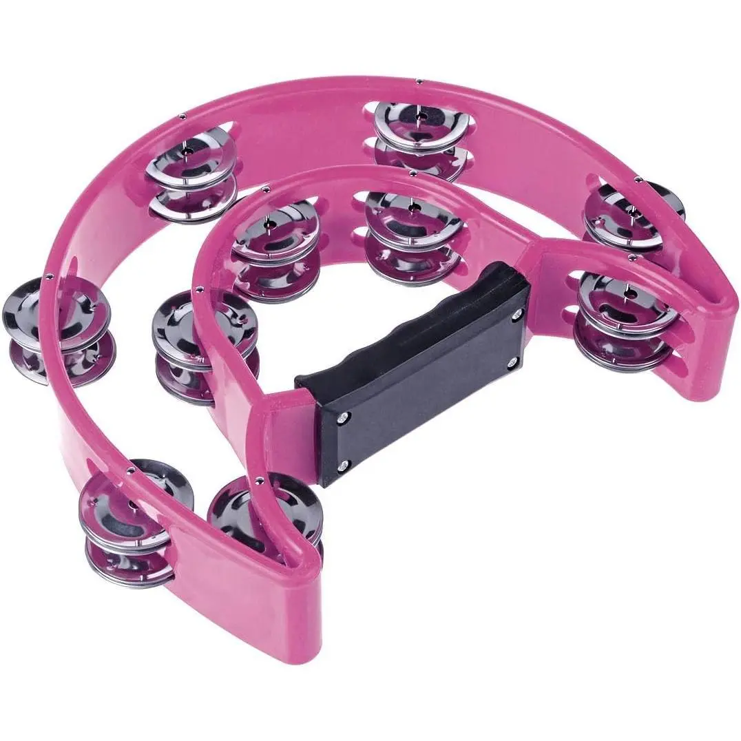 Pink Half Moon Musical Tambourine - Double Row Metal Jingles, Ergonomic Handle Grip, Durable and Sturdy Construction Percussion Instrument for Karaoke, Adults, Children
