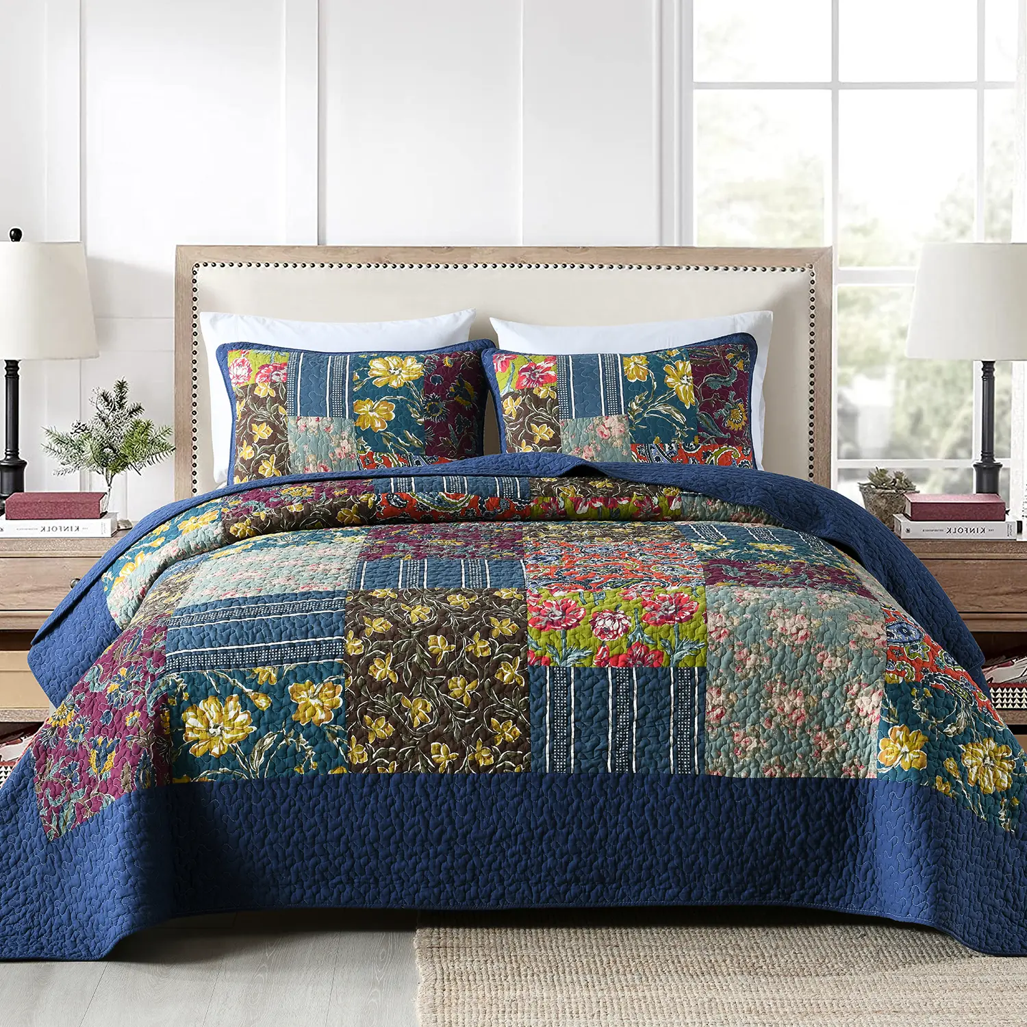Cotton Bedspread Quilt Sets Reversible Bedding Coverlet Sets 3 Pieces Patchwork Blue Vintage Floral Paisley Bedspread, King Size