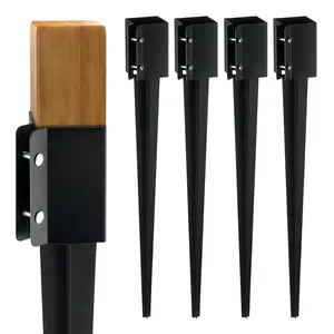 4-Pcs 36" Metal Ground Spike Fence Post Anchors – 4x4" Outer Dia (3.5x3.5" Inner Dia), Black Powder-Coated, for Mailbox, Deck, Garden Railing & Fence Posts