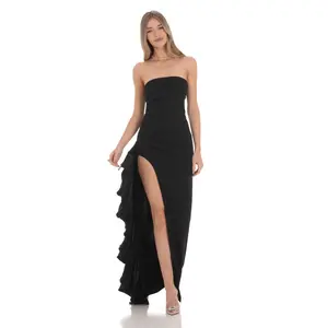 Strapless Ruched Ruffle Maxi Dress in Black