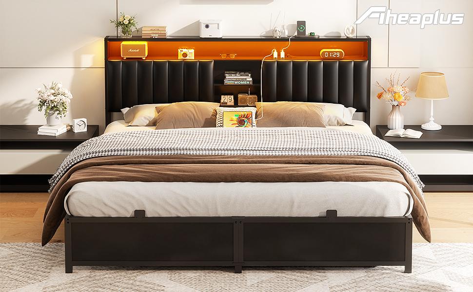 Aheaplus Bed Frame with Charging Station & Led Lights, Platform Bed with Leather Upholstered Headboard and Storage, Metal Slats Support No Box Spring Needed, Noise-Free Easy Assembly, King Size,Queen Size and Full Size to Choose