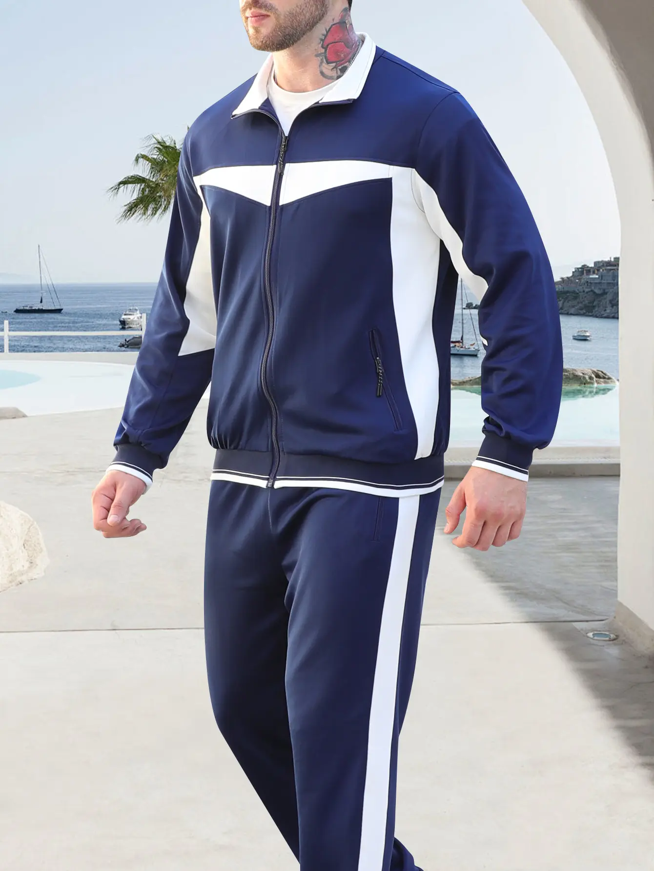Diadora Men's 2-Piece Compression Fit Sports Clothing Set - Spring & Autumn Lapel Jacket, Long Sleeve Pants, Color Contrast Design, Sporty Chic Youth Fashion, Outdoor Wear, Yes