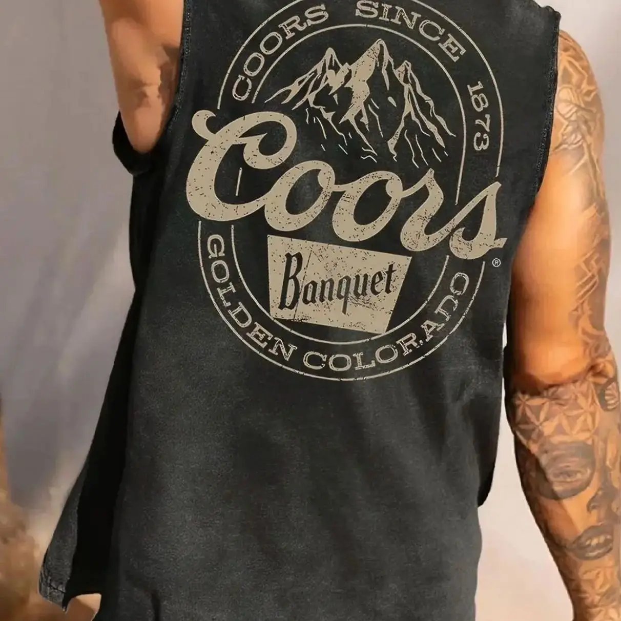 Men's Coors Banquet Print Vintage Washed Tank Top, Stylish Tank, Loose Casual Street Sleeveless Top for Summer, Men's Top for Daily Wear, Graphic, Casual Sleeveless Vest, Stylish Tank Tops