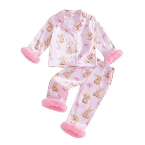 Toddler Baby Girl Easter Fuzzy Pajamas Set Rabbit Print Button Down Shirt and Pants Pjs for Kids Loungewear Set