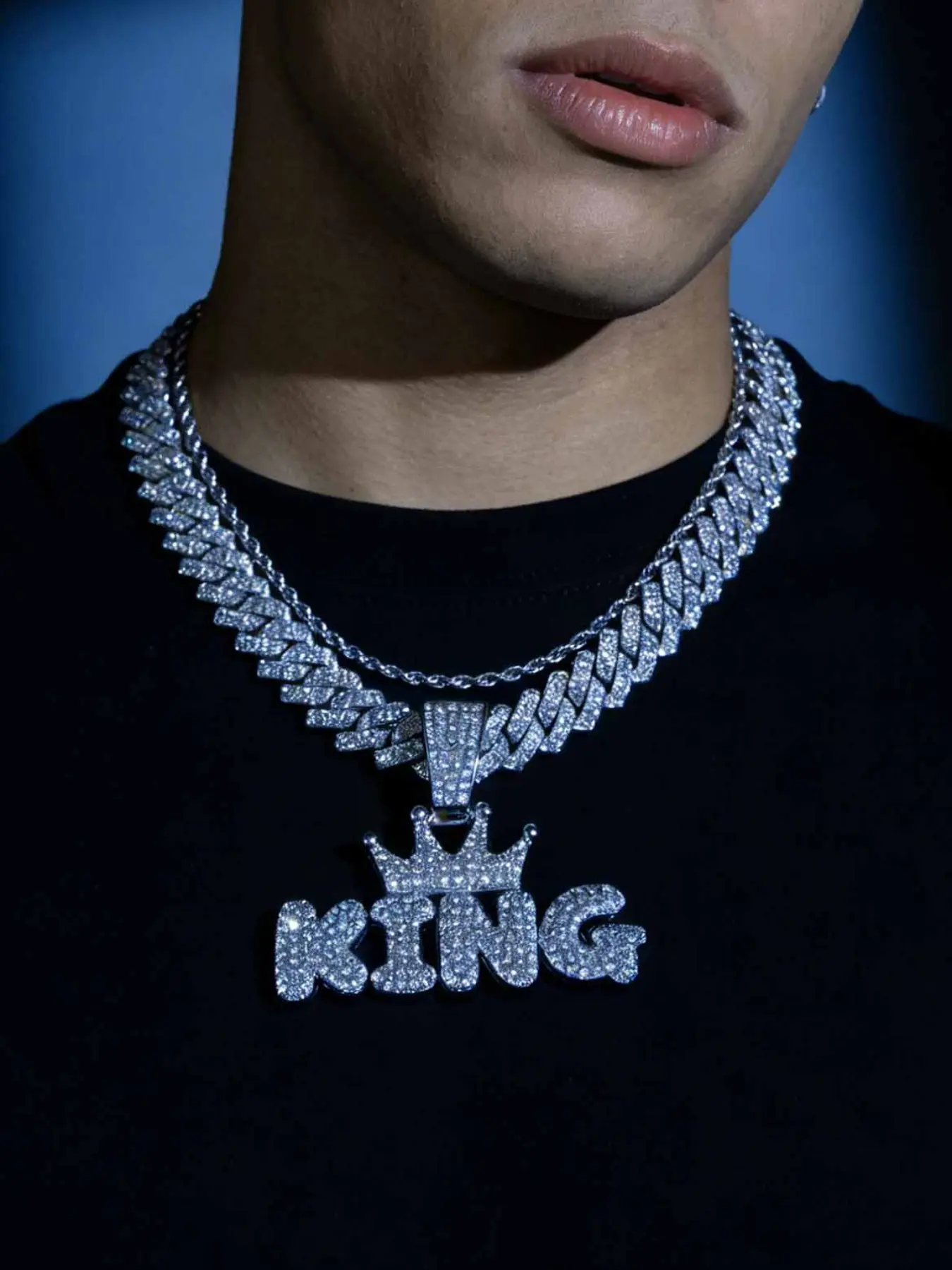 Hip Hop Crown & King Pendant Rhinestones Chunky Necklace & Chain Cuban Link Style Cuban Link Design Layered Necklace for Men, Rhinestone Decorated Necklace, Fashion Jewelry for Party, Daily Decor, for Birthday Gift, Necklace Set