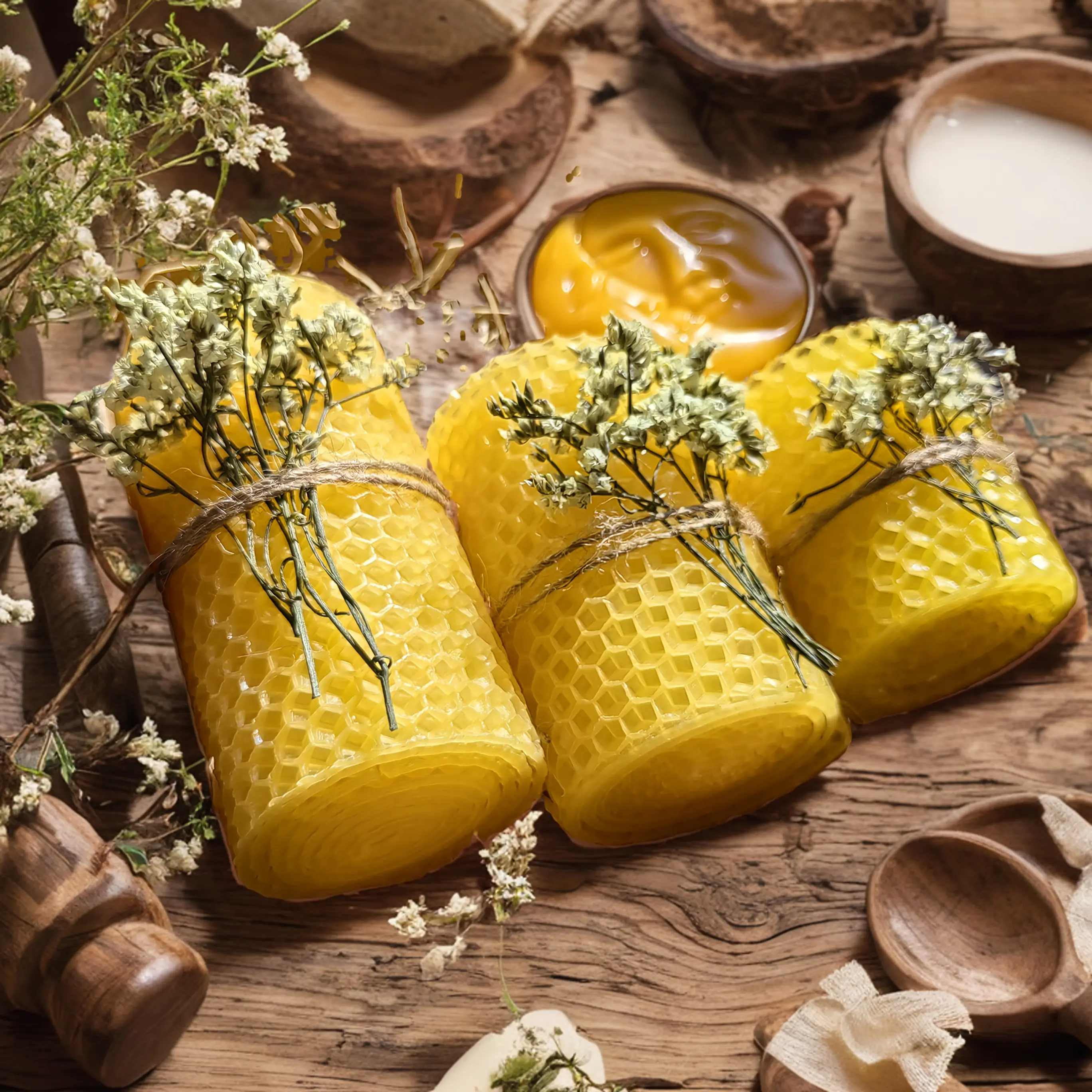 4pcs Handmade Honeycomb Textured Natural Beeswax Pillar Candle Set - Dried Flower Decor, 60h Total Burn Time, Cozy Rustic Vintage Table Centerpiece for Room Ambient Lighting, Boxed Souvenir Gift for Halloween, Housewarming, Decorative