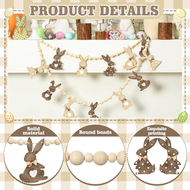 Easter Bunny Garland Wood Beads Banner Rustic Rabbits Hanging Garland with Beads, Bunny Eggs with Bow Door Wreath Garland for Mantle Fireplace Shelf Wall Doorway Display, Spring Home Decor, Easter Decor 2026 Easy Hang Indoor Outdoor Party Supplies & Gifts