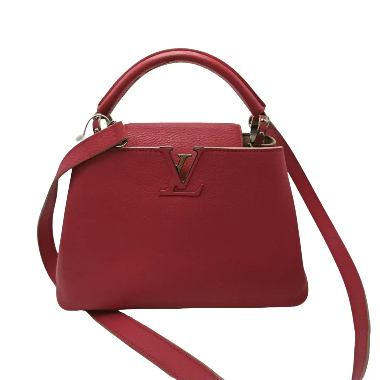 Pre-owned Louis Vuitton leather Crossbody Bags Pink Pebbled Taurillon Mini Capucines Top Handle Shoulder Crossbody Bag Silver LV Twist Lock Detachable Strap For Women