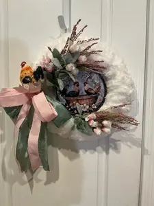 Farmhouse Rooster Wreath, Spring Cottage Decor, Blush Pink Floral Arrangement