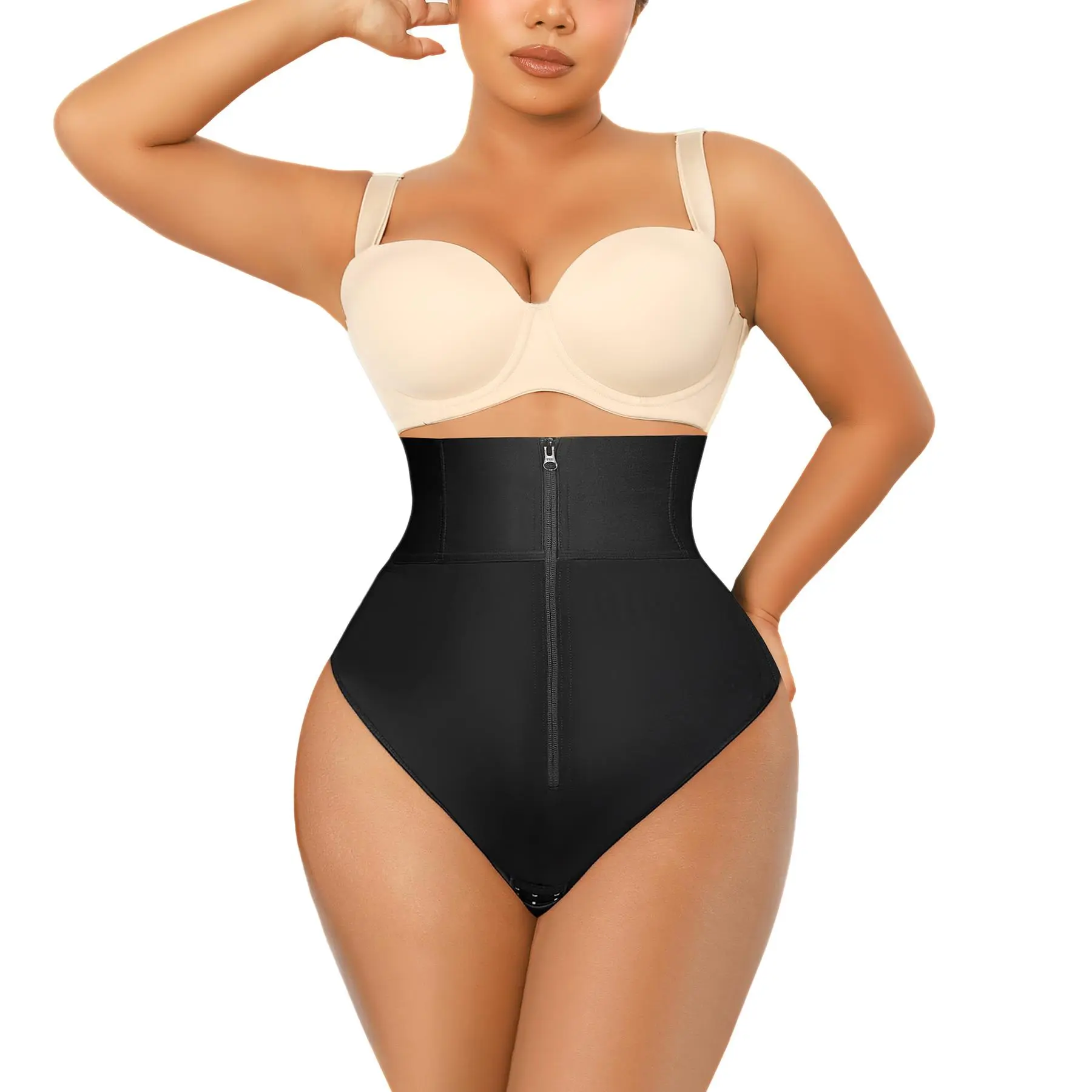 QOU Women's Basic Colombian Molded Shapewear High-Waisted Thong - Adjustable, Comfortable Body Shaper with Zipper & Hooks for Tummy Control, Smooth Compression