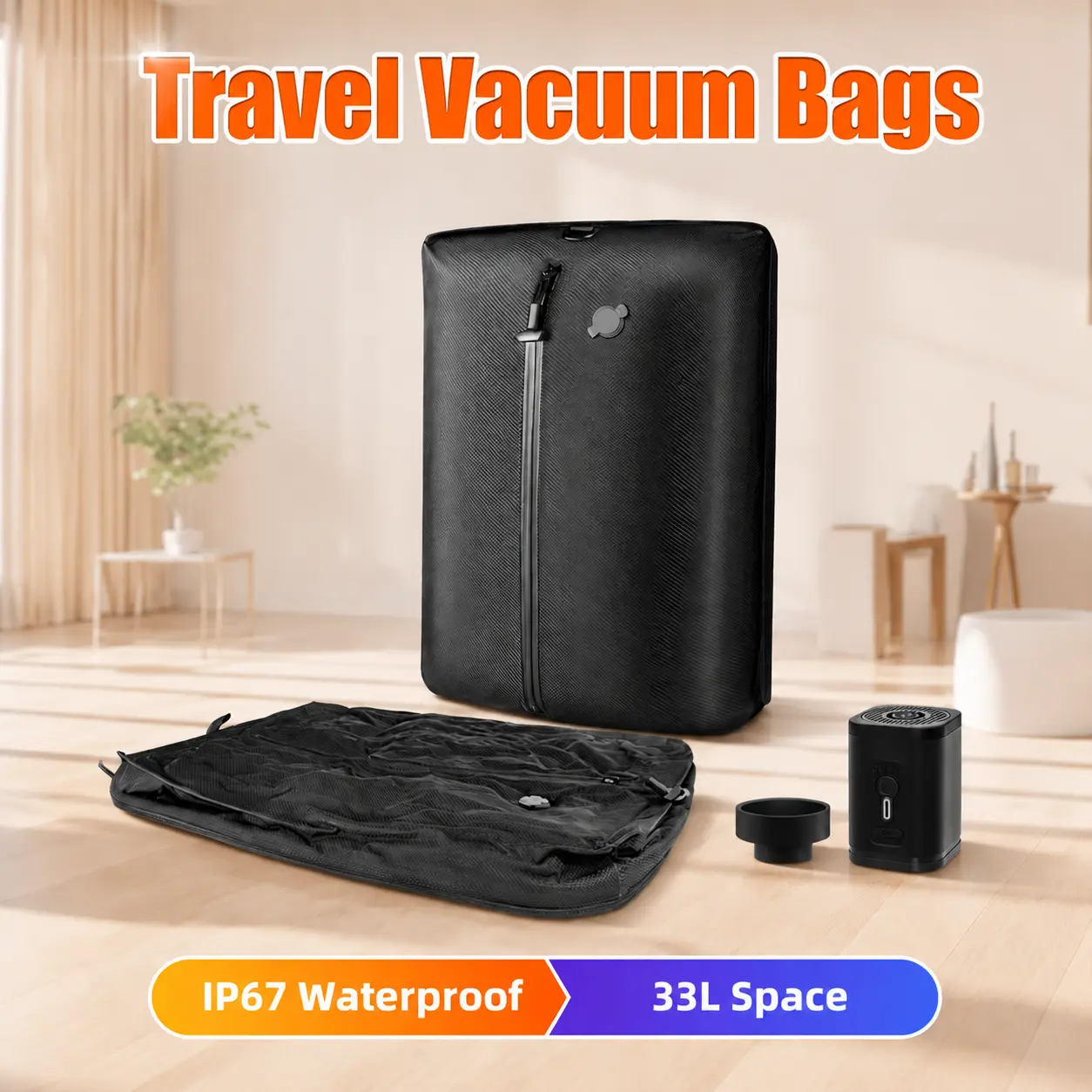 HomeEssentials  Cordless Travel Vacuum Compression Bag Set | IP67 Waterproof 33L Space Saver with Wireless Pump for Clothes, Blankets, Seasonal Storage, Luggage & Suitcases TikTokShopBackToSchool