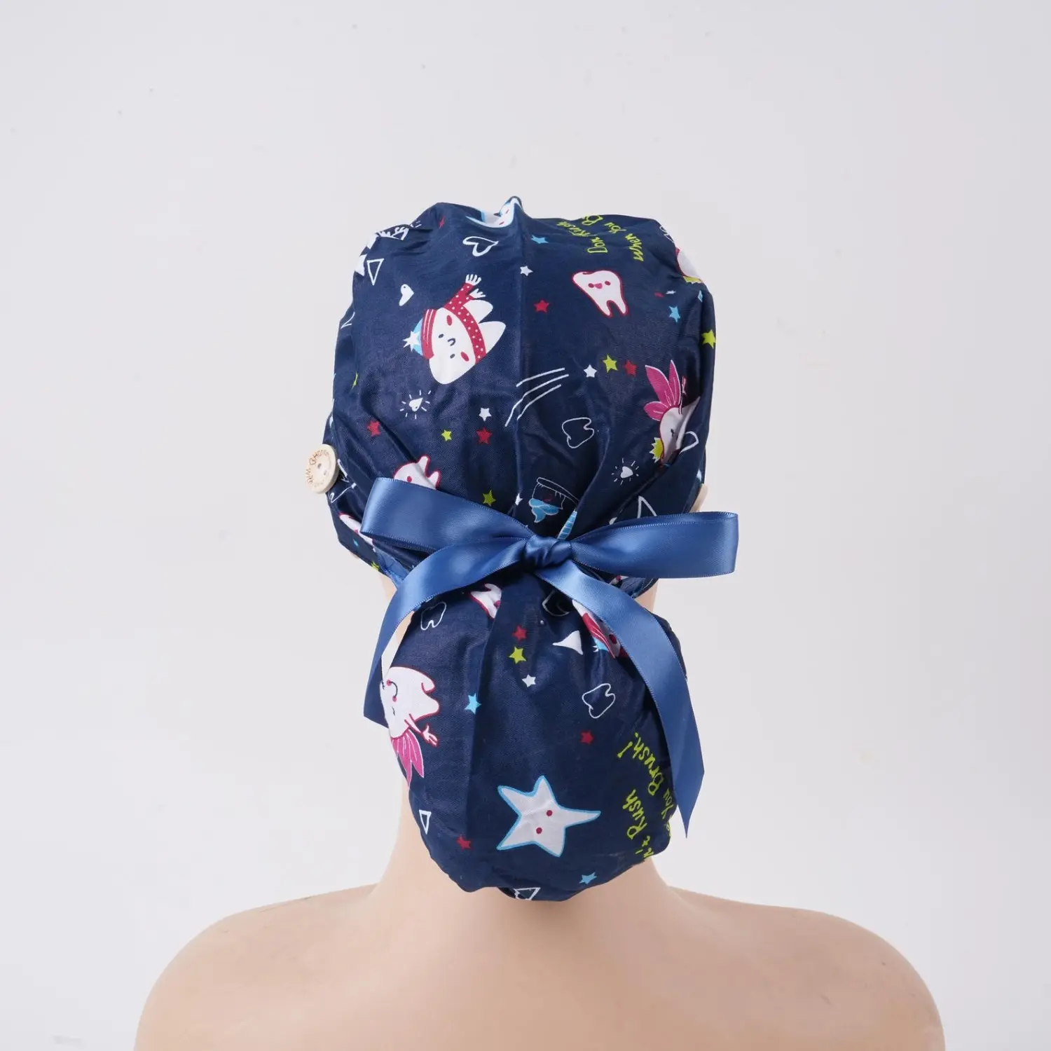 Dentist Ponytail Scrub Cap: Tooth Print, Buttons & Sweatband, Cotton Surgical Hat for Women, Dental Hygienists