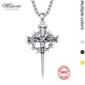 MEIDERBO 925 Sterling Silver Cross Thorns Necklace Necklace Men, Stainless Steel Pearl Chain 22+2 Inch Lobster Clasp with Jesus Cross Pendant, Christian Religious Jewelry Gift,Autumn New Arrivals yera and neon valentines gifts,summeroutfits,vacationoutfit