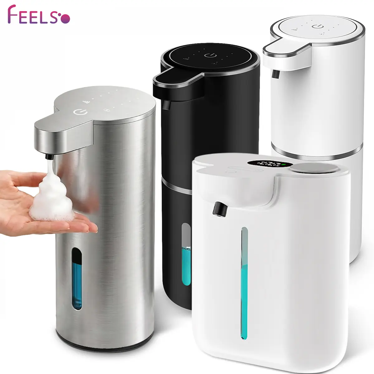 FEELSO Touchless Foam Hand Soap Dispenser - Automatic, Waterproof, USB-C Rechargeable, Wall Mounted, 4-Level Adjustable Pump, Sealed Charging Port, Sleek & Flexible, Touchless in 0.25s, Charge Once 5000+ Uses, for Bathroom, Kitchen, Hands Or Dishes